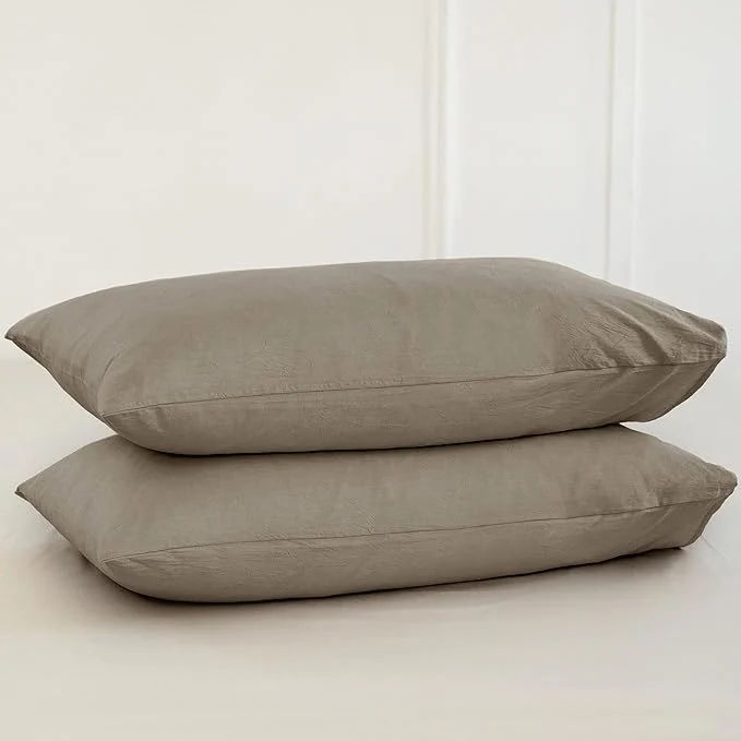 Modern MooMee Bedding Pillowcases Pack of 2 Washed Cotton Linen Like Textured Breathable Durable Soft Comfy Solid Mocha Brown Standard Reliable