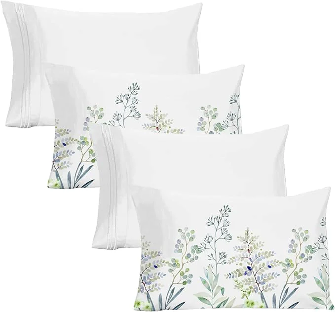 Natural YIYEA Pillow Cases Queen Size Set of 4 Ultra Soft 1800TC Hotel Quality Double Brushed Microfiber Embroidered Pillowcases and Floral Pillow Covers Envelope Closure Fade Resistant 20 quot x30 quot Innovative