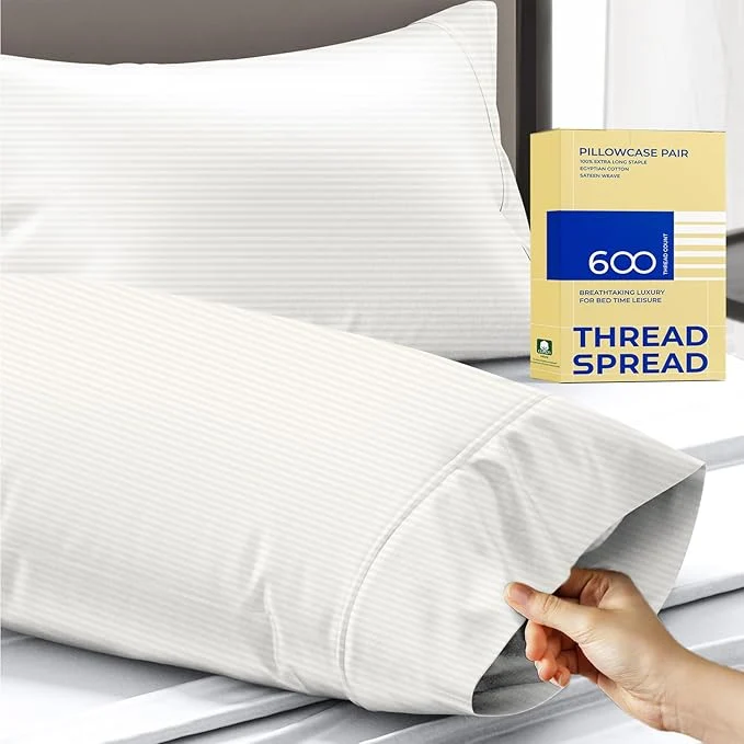 High-Grade Thread Spread Egyptian Cotton Pillow Cases Queen Size Set of 2 – Luxury 600 Series Bliss Collection Queen Pillow Cases Ivory Stripe Soft Cooling Hotel Cotton Pillowcases Sateen Finish Top-Quality