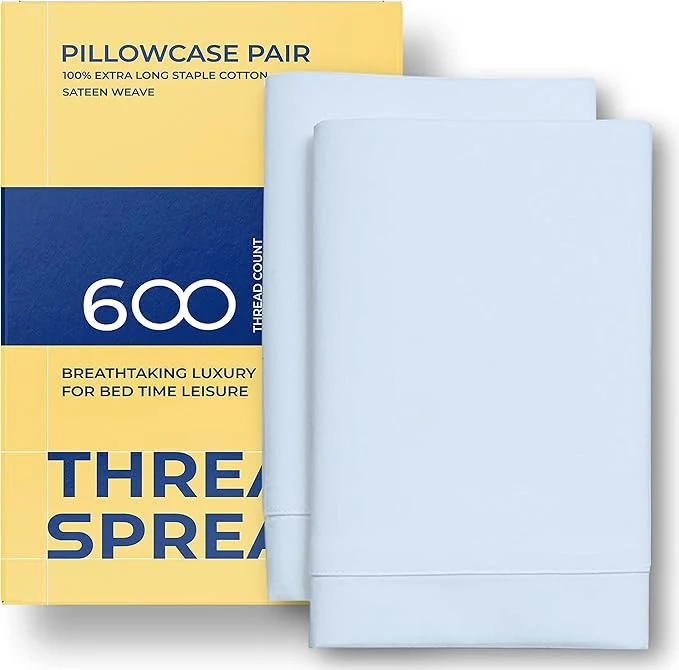 Durable Thread Spread Egyptian Cotton King Size Pillow Cases Set of 2 – Luxury 600 Series Bliss Collection Pillow Cases King Size Light Blue Soft Cooling Hotel Cotton Pillowcases Sateen Finish Elegant