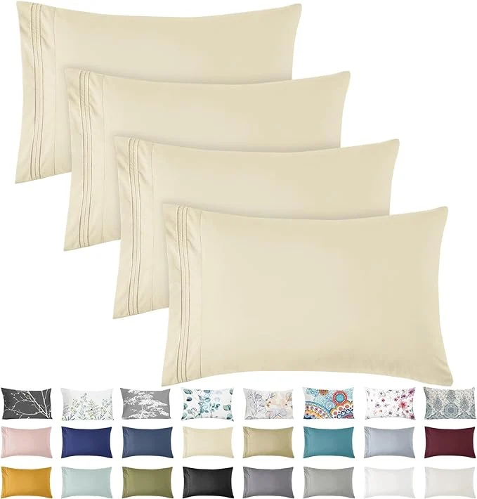 High-Grade YIYEA King Pillow Cases Set of 4 Ultra Soft 1800TC Hotel Quality Double Brushed Microfiber Embroidered Pillowcases Envelope Closure Fade Resistant 20 quot x36 quot Cream Contemporary