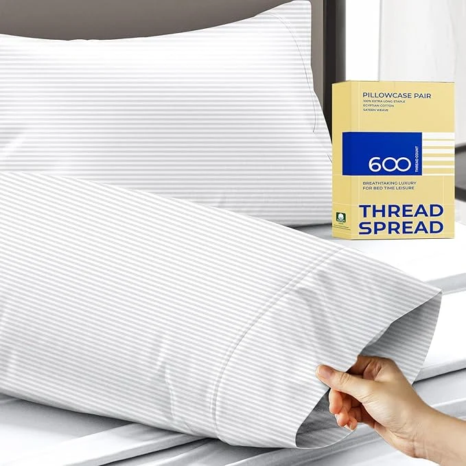 Prestigious Thread Spread Egyptian Cotton Pillow Cases Queen Size Set of 2 – Luxury 600 Series Bliss Collection Queen Pillow Cases White Stripe Soft Cooling Hotel Cotton Pillowcases Sateen Finish Genuine