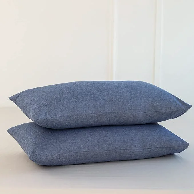 Convenient MooMee Bedding Pillowcases Pack of 2 Washed Cotton Linen Like Textured Breathable Durable Soft Comfy Heathered Blue King Sustainable