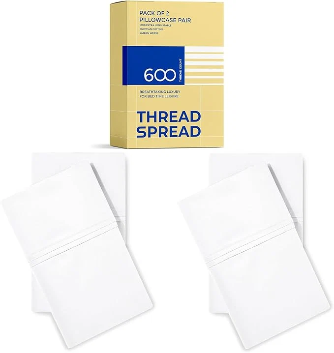 Crafted Thread Spread Egyptian Cotton Pillow Cases Queen Size Set of 4 – Luxury 600 Series Bliss Collection Queen Pillow Cases Pack of 2 White Hotel Cotton Pillowcases Sateen Finish Secure
