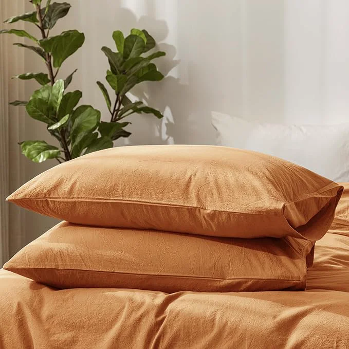 Expertly Made MooMee Bedding Pillowcases Pack of 2 Washed Cotton Linen Like Textured Breathable Durable Soft Comfy Solid Burnt Orange King Elite