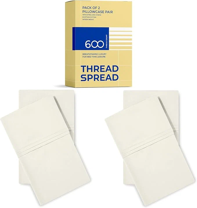 Organic Thread Spread Egyptian Cotton King Size Pillow Cases Set of 4 – Luxury 600 Series Bliss Collection Pillow Cases King Size Pack of 2 Ivory Hotel Cotton Pillowcases Sateen Finish Elegant