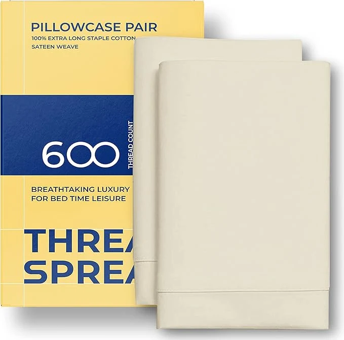 Original Thread Spread Egyptian Cotton Pillow Cases Queen Size Set of 2 – Luxury 600 Series Bliss Collection Queen Pillow Cases Sand Soft Cooling Hotel Cotton Pillowcases Sateen Finish Environmentally Friendly