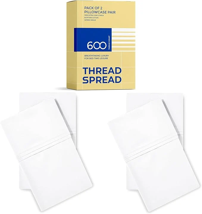 Carefully Designed Thread Spread Egyptian Cotton King Size Pillow Cases Set of 4 – Luxury 600 Series Bliss Collection Pillow Cases King Size Pack of 2 White Hotel Cotton Pillowcases Sateen Finish Premium Material