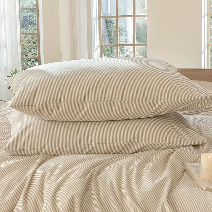 Sustainable MooMee Bedding Pillowcases Striped Pack of 2 Washed Cotton Linen Like Textured Breathable Durable Soft Comfy Tannish Linen Grey White Pinstripes Standard Proven