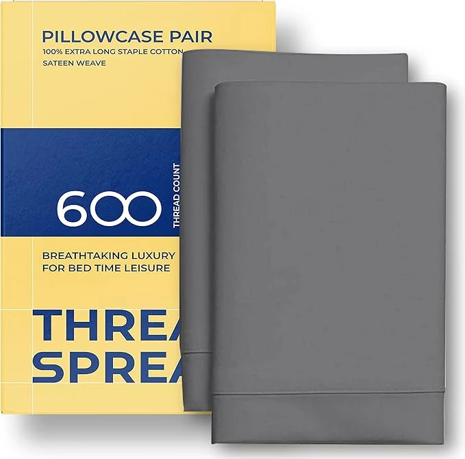 Eco-Friendly Thread Spread Egyptian Cotton Pillow Cases Queen Size Set of 2 – Luxury 600 Series Bliss Collection Queen Pillow Cases Dark Grey Soft Cooling Hotel Cotton Pillowcases Sateen Finish Official