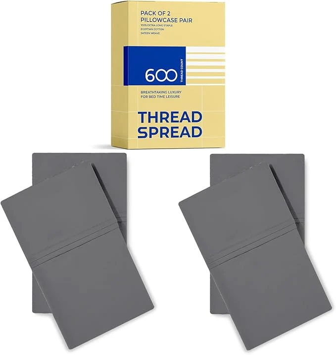 High-Quality Thread Spread Egyptian Cotton Pillow Cases Queen Size Set of 4 – Luxury 600 Series Bliss Collection Queen Pillow Cases Pack of 2 Dark Grey Hotel Cotton Pillowcases Sateen Finish Responsible