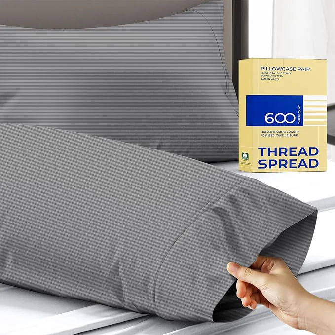 High-Performance Thread Spread Egyptian Cotton Pillow Cases Queen Size Set of 2 – Luxury 600 Series Bliss Collection Queen Pillow Cases Dark Grey Stripe Soft Cooling Hotel Cotton Pillowcases Sateen Finish Fast