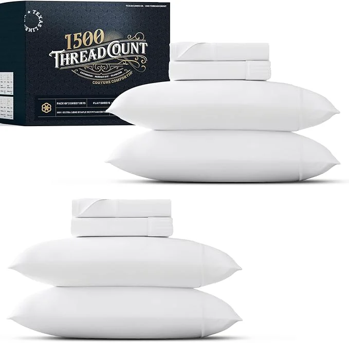 Crafted TEXAS LINEN CO. Egyptian Cotton King Size Sheets Set Pack of 2 – Luxury 1500 Thread Count Egyptian Cotton Sheets King Size 8 PC White 17 quot Deep Pocket Soft Cooling Sateen Weave Hotel Bedding Fast