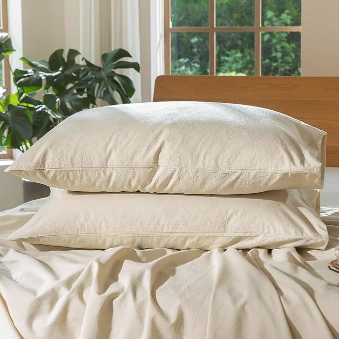 Elegant MooMee Bedding Pillowcases Pack of 2 Washed Cotton Linen Like Textured Breathable Durable Soft Comfy Heathered Almond Milk Grey Standard Responsible