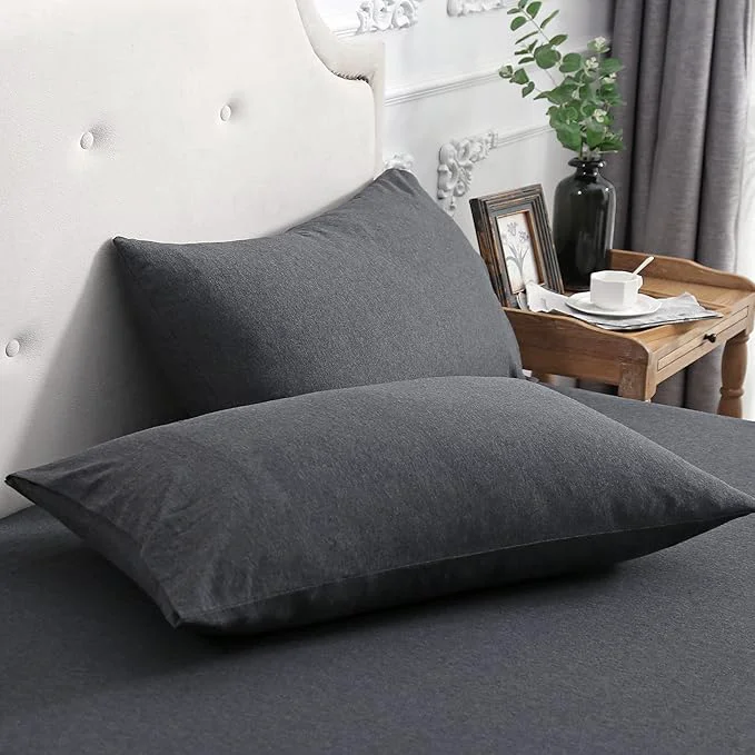 High-End PURE ERA Jersey Knit Pillowcases T-Shirt Cotton Super Soft Comfy Breathable Set of 2 Standard 20 quot x 26 quot Heathered Charcoal Grey Green