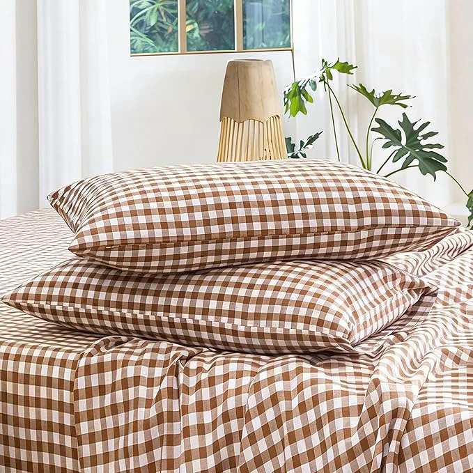 Stylish MooMee Bedding Pillowcases Gingham Pack of 2 Washed Cotton Linen Like Textured Breathable Durable Soft Comfy Classic Gingham Dark Orange Queen Innovative