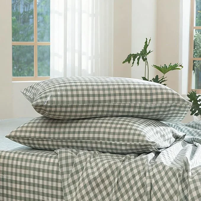 MooMee Bedding Pillowcases Gingham Pack of 2 Washed Cotton Linen Like Textured Breathable Durable Soft Comfy Classic Gingham Sage Green Standard Proven