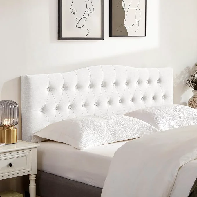 Practical Tufted Headboard King Size Solid Wood Adjustable Height Head Board White Upholstered King Headboard Only with Durable Solid Wood Legs Adjustable Height 37-51 in Fabric Button Diamond HeadBoards Reliable