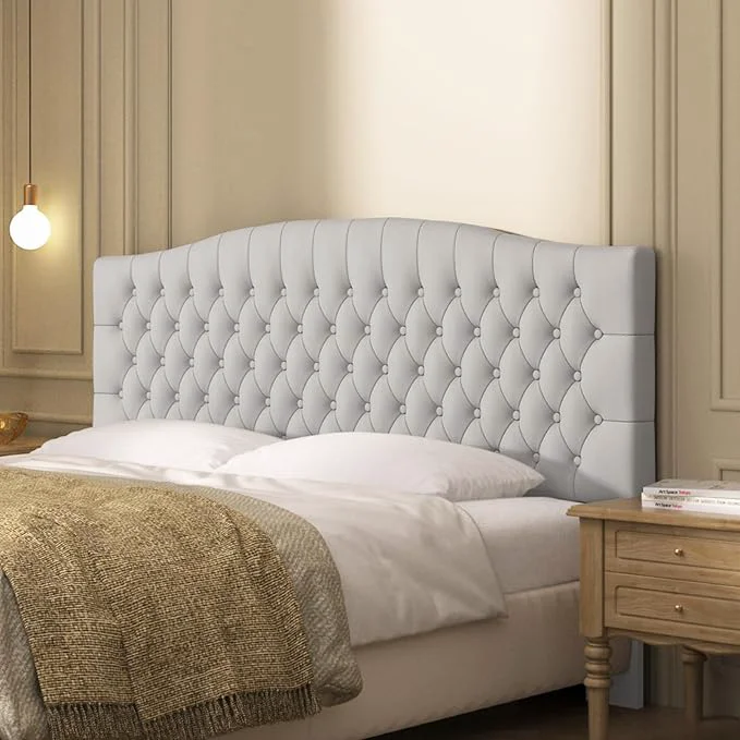 Contemporary Furpopup Velvet King Size Headboard Only Upholstered Wall Mount Light Gray 2 ways to use Wall-mounted for adjustable bed and bed frame mounted Easy to assemble Classic button design headboard Superior