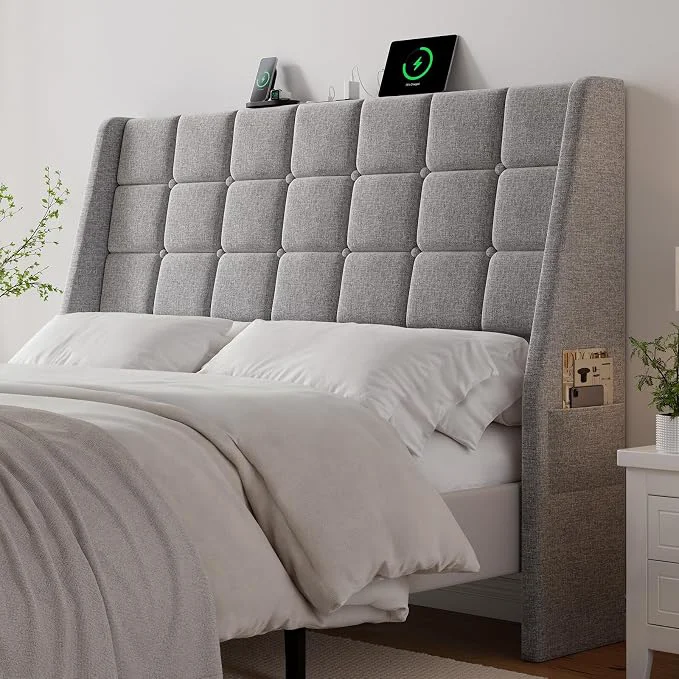 Contemporary Ergonomic Upholstered Headboard Queen Size w Charging Station Linen Wingback Headboards w Storage Pocket Queen Headboard Only Bed Frame Adapters Sturdy Stable Solid Wood Bed Head Board Light Grey Casual
