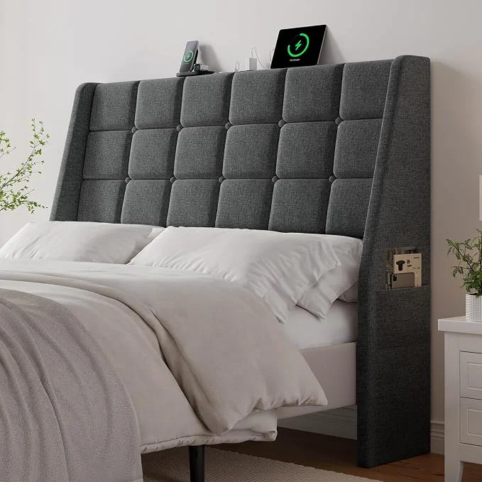 Effective Ergonomic Upholstered Headboard Full Size w Charging Station Linen Wingback Headboards w Storage Pocket Full Headboard Only Bed Frame Adapters Sturdy Stable Solid Wood Bed Head Board Dark Grey Pure