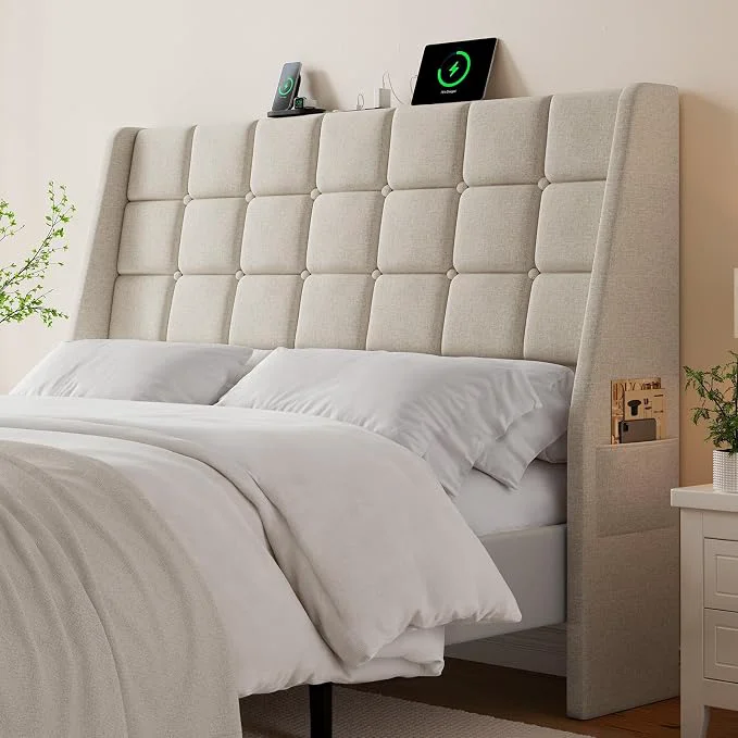Consistent Ergonomic Upholstered Headboard Queen Size w Charging Station Linen Wingback Headboards w Storage Pocket Queen Headboard Only Bed Frame Adapters Sturdy Stable Solid Wood Bed Head Board Beige World-Class