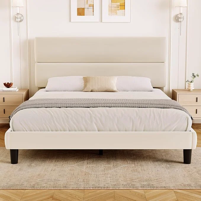 Authentic GRUSIGN Queen Size Platform Bed Frame with Velvet Headboard Adjustable Height Wooden Slats Support Upholstered Mattress Foundation Fits Mattress or Mattress with Box Spring Easy Assembly Beige Pure