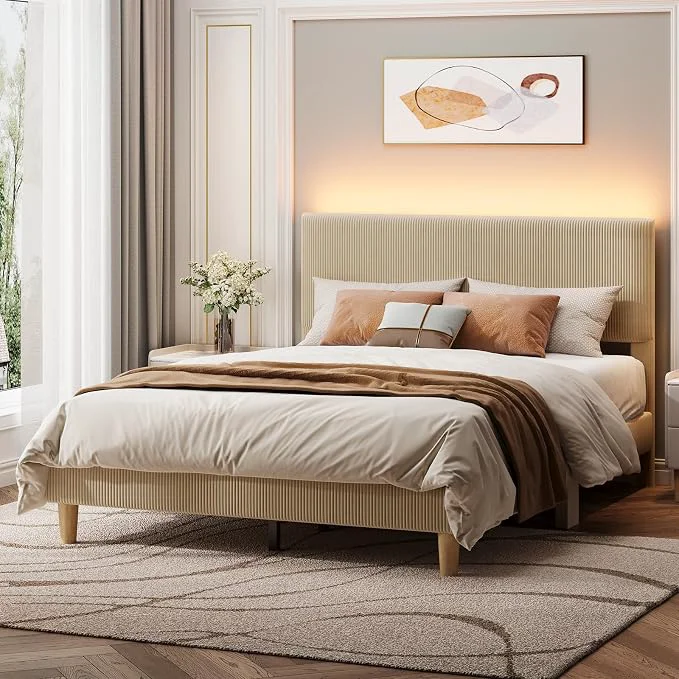 Smooth ier Queen Size Bed Frame with Headboard LED Lighting Upholstered Taupe Easy Assembly LED Lighting Headboard No Squeaks Vertical Channel Corduroy Upholstered Wood Slats Support No Box Spring Needed Crafted