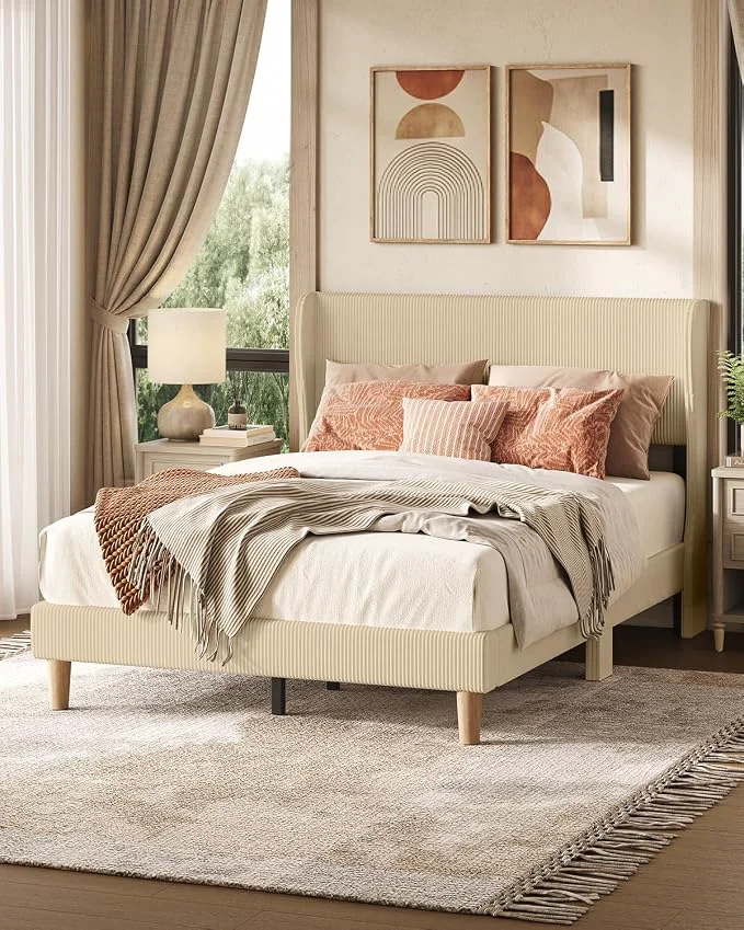 Secure ier Full Bed Frame with Wingback Headboard Upholstered Taupe Wooden Slats Support Easy Assembly Wingback Headboard No Squeaks Vertical Channel Corduroy Upholstered No Box Spring Needed Unique