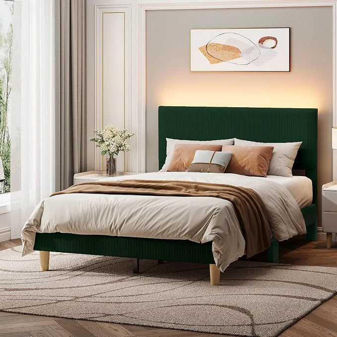 Official ier Full Bed Frame with Adjustable Headboard LED Light Green Easy Assembly LED Lighting Headboard No Squeaks Vertical Channel Corduroy Upholstered Wood Slats Support No Box Spring Needed Certified