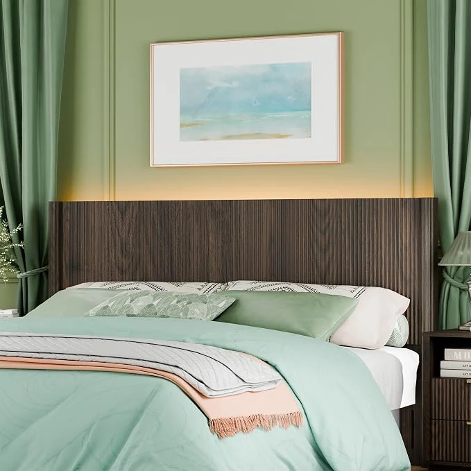 Consistent King Size Headboard Only Modern Fluted Wall-Mounted Head Board with Lighting Boho Wood Bed headboard Stylish Bedroom Decor Espresso Excellent