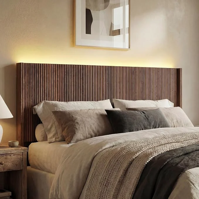 Queen Size Headboard Only Modern Fluted Wall-Mounted Head Board with Lighting Boho Wood Bed headboard Stylish Bedroom Decor Espresso High-Quality