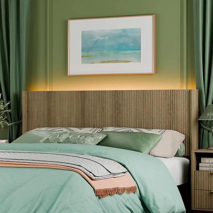 First-Class King Size Headboard Only Modern Fluted Wall-Mounted Head Board with Lighting Boho Wood Bed headboard Stylish Bedroom Decor Natural Functional