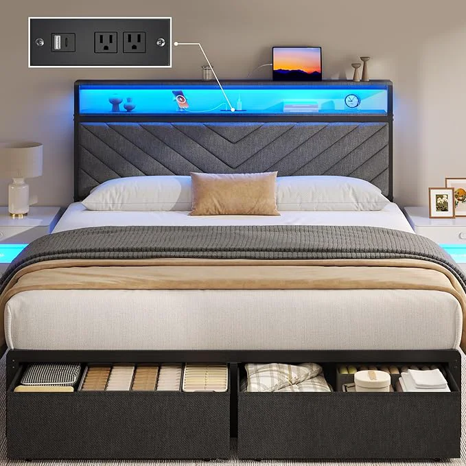 Fashionable Fluest Queen Bed Frame with 2 Drawers Upholstered Headboard with Storage and Charging Station LED Lights Fabric Drawers with Wheels Under Bed Storage No Box Spring Needed Easy Assembly Grey Expertly Made