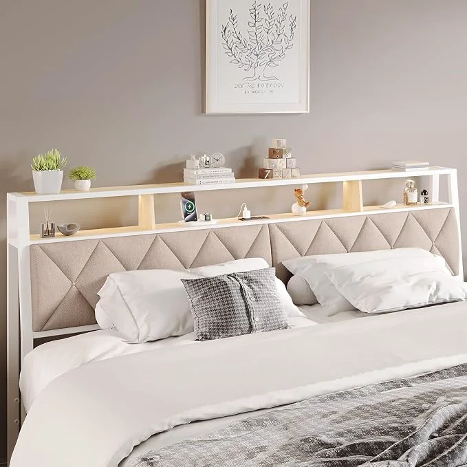 High-Grade Queen Headboard Only Headboard for Queen Size Bed with Storage Upholstered Headboards with LED Lights amp Charging Station Attach Frame I for Bedroom Dorm Guest Room White amp Beige Healthy