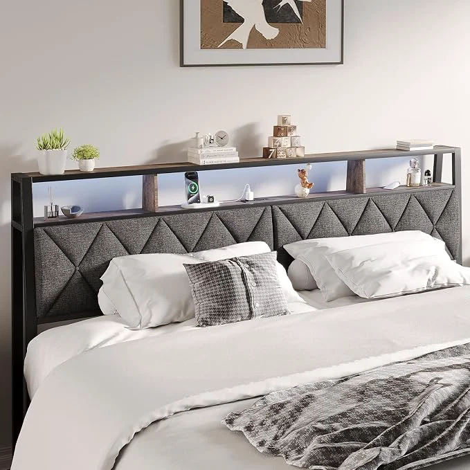 Innovative Queen Headboard Only Headboard for Queen Size Bed with Storage Upholstered Headboards with LED Lights amp Charging Station Attach Frame I for Bedroom Dorm Guest Room Dark Grey amp Brown Comfortable