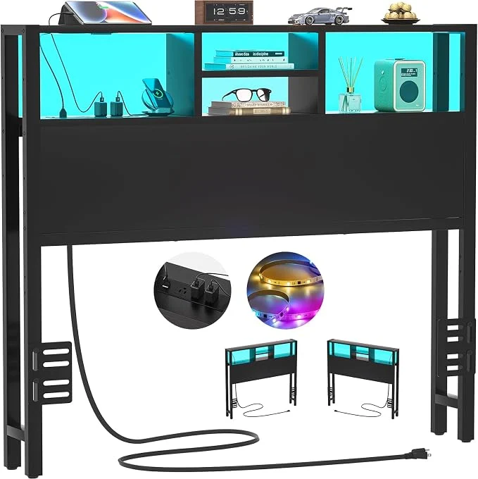 Durable Aheaplus Headboard for Twin Size Bed with Storage Headboards with Outlets Twin Size Head Board Only with USB Ports and LED Light Height Adjustable Reversible Sturdy and Stable Headboard Black Specialty