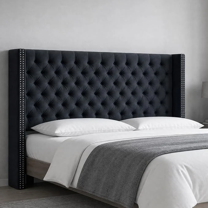 Powerful Madison Park King Wingback Upholstered Tufted Headboard Featuring High-Density Sponge Padding Adjustable Height Headboard Easy Assembly Black Velvet Fast