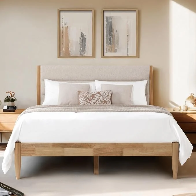 Next-Generation KISLOT Wood Bed Frame with Upholstered Headboard Oat Queen Wooden Platform Silent Slat Support Mattress Foundation No Box Spring Needed Easy Assembly Fine Crafted