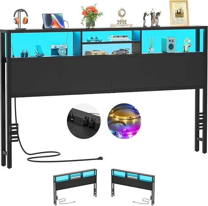 Breathable Aheaplus Headboard for King Size Bed with Storage Headboards with Outlets USB Ports and LED Light King Size Head Board Only Height Adjustable Reversible Sturdy and Stable Headboard Black Fashionable