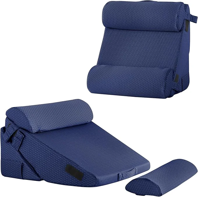 Expertly Made Adjustable 4pcs Bed Wedge Pillow Set Memory Foam Wedges Pillow Post Surgery for Back Neck Leg Pain Relief Pillows Wedge for Sleeping Sitting up in Bed Acid Reflux and GERD Navy Blue Pure