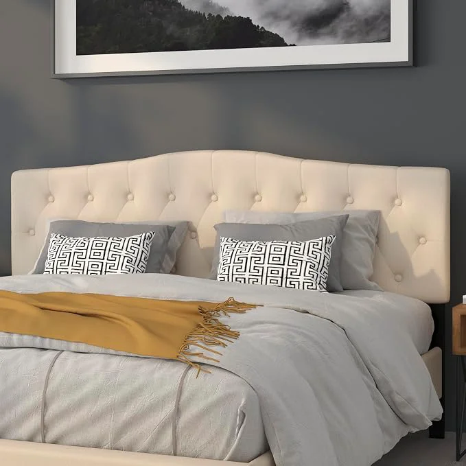 Premium EMMA OLIVER Tufted Upholstered King Size Headboard in Beige Fabric Smart