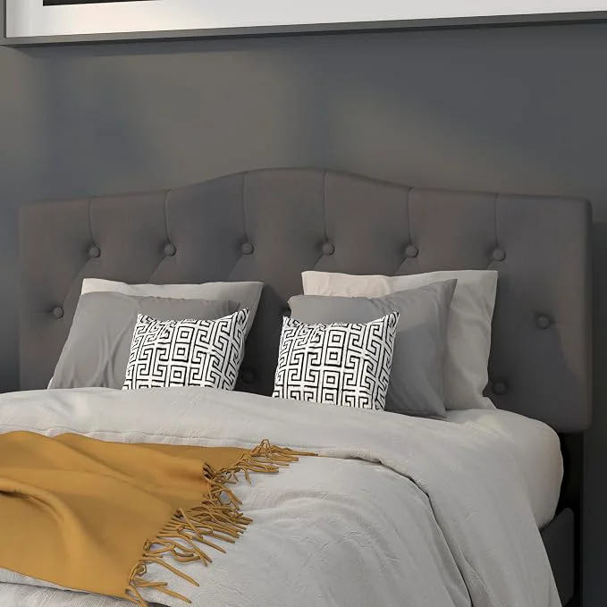 Traditional EMMA OLIVER Tufted Upholstered Full Size Headboard in Dark Gray Fabric Sophisticated