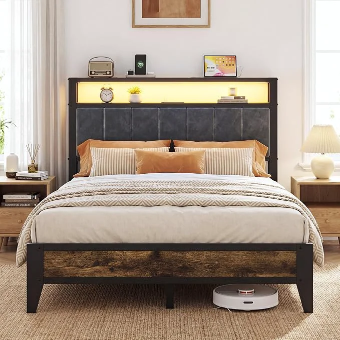 Advanced OLE Full Size Bed Frame with Headboard LED Light amp Charging Station Metal Platform Bed Upholstered Headboard 2-Tier Shelf amp Footboard Smart LED Lightning Type C USB Ports No Need Box Spring Crafted