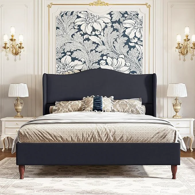 Eco-Friendly koorlian Queen Upholstered Bed Frame with 51 39 39 Tall Headboard Dark Navy Reinforced Platform Bed Easy Assembly Soft Fabric Sleigh Wingback Solid Wood Retro Legs Noise- Classic amp Simple Fine Crafted
