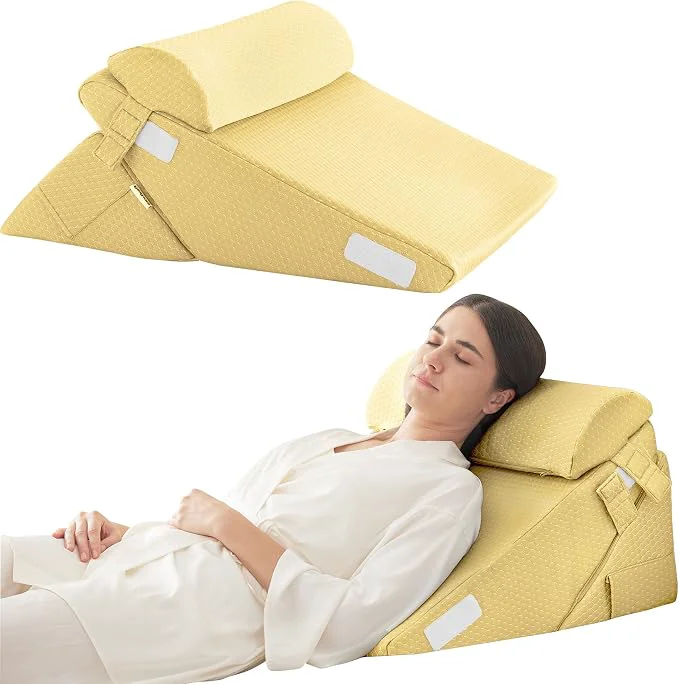 Exclusive Adjustable 3pcs Bed Wedge Pillow Set Memory Foam Wedge Pillows Post Surgery for Back Neck Leg Pain Relief Pillow Wedge for Sleeping Sitting up in Bed Acid Reflux and GERD Beige Yellow Next-Generation