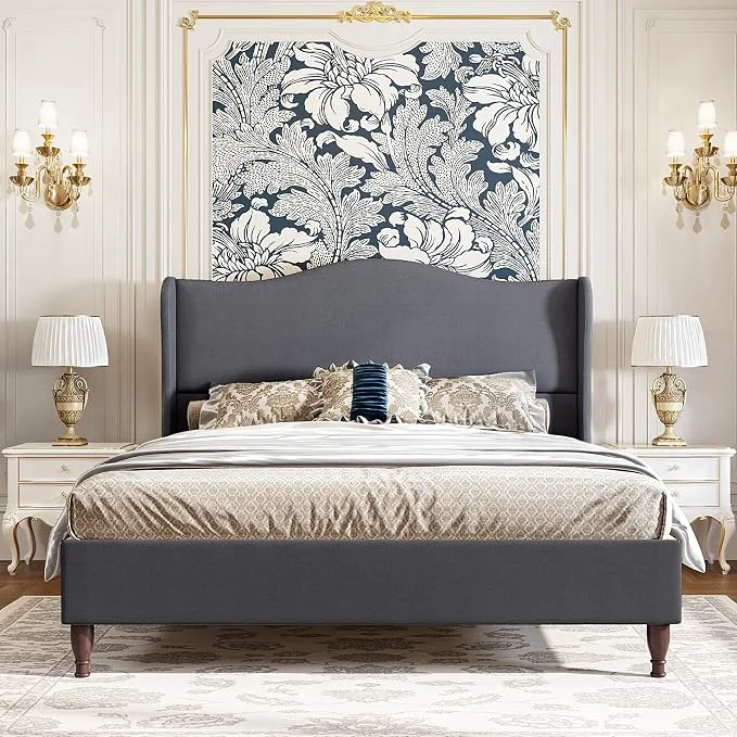 Optimized koorlian Queen Size Upholstered Bed Frame with 51 39 39 Tall Headboard Grey Reinforced Platform Bed Easy Assembly Soft Fabric Sleigh Wingback Solid Wood Retro Legs Noise- Classic amp Simple Fine Crafted