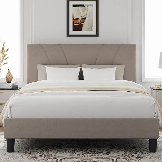 Classic Novilla Queen Bed Frame with Headboard Bed Frame Queen Size with Wood Slats Support Linen Upholstered Adjustable Headboard No Box Spring Needed Heavy Duty Feet Easy Assembly Beige High-End