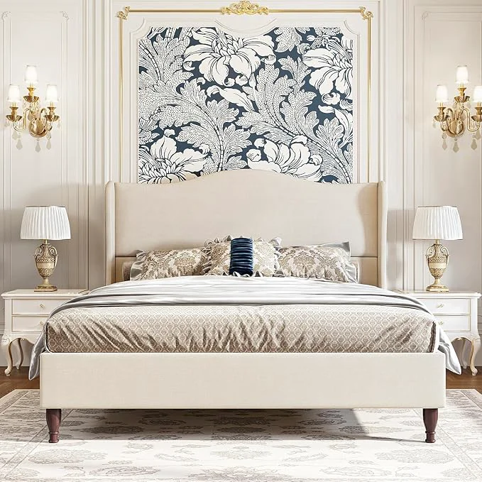 Official koorlian Full Size Bed Frame Upholstered Platform Bed with 51 quot Tall Headboard Wingback Soft Fabric Retro Simple Style Platform Bed No Box Spring Needed Easy Assembly Beige Easy-to-Use