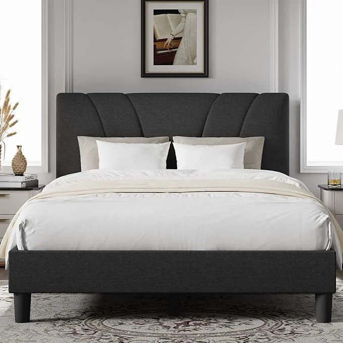 Classic Novilla King Size Bed Frame with Adjustable Headboard Platform King Bed Frame Linen Fabric Upholstered Headboard No Box Spring Needed Noise- Wooden Slats Support Easy Assembly Dark Grey Expertly Made